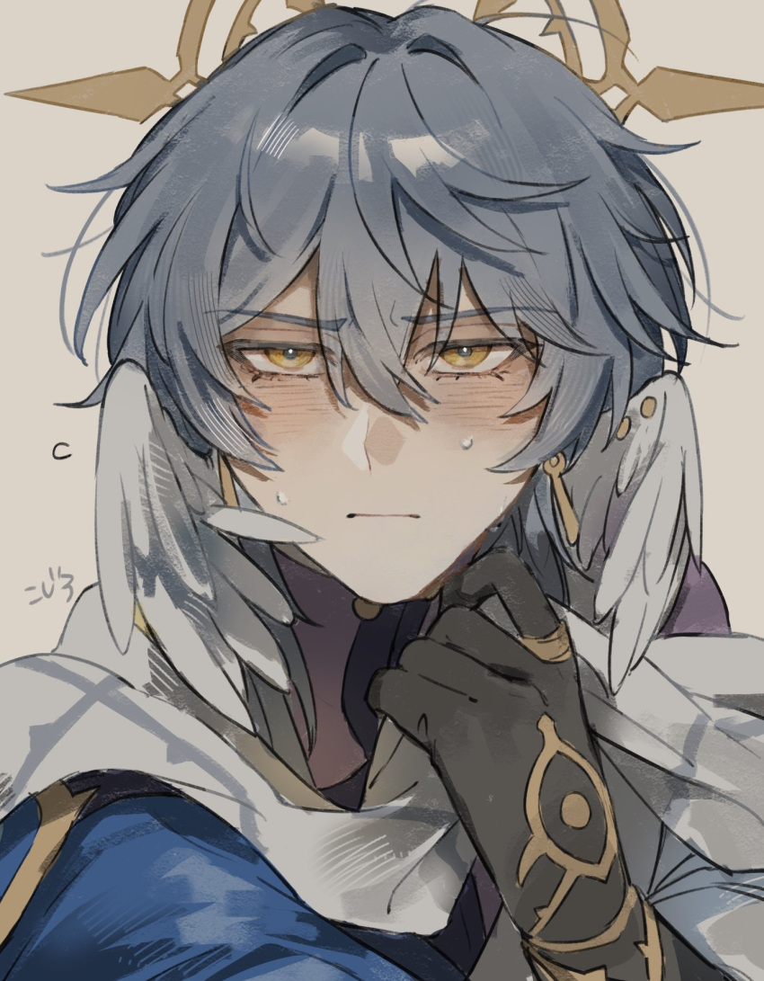 1boy, :|, arm_up, black_gloves, blue_shirt, blush, closed_mouth, commentary_request, double-parted_bangs, earrings, eyelashes, gloves, grey_background, hair_between_eyes, halo, halo_behind_head, halo_downfall, head_wings, highres, honkai:_star_rail, honkai_(series), jewelry, looking_at_viewer, male_focus, piercing, sanpaku, scarf, shirt, simple_background, straight-on, sunday_(honkai:_star_rail), upper_body, white_scarf, wings, yellow_eyes