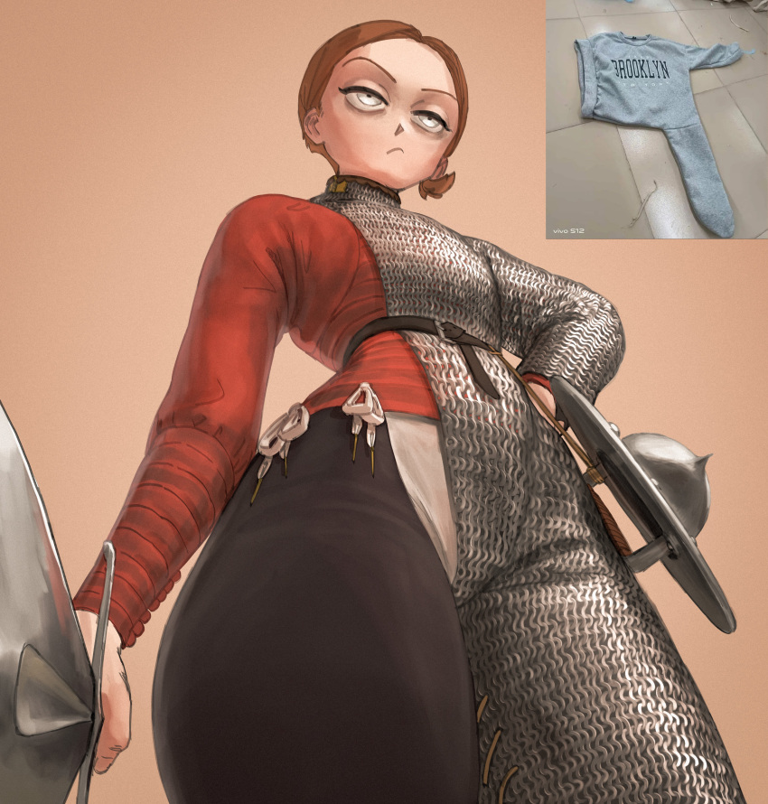 1girl, absurdres, armor, blue_eyes, brooklyn_sweater, brown_hair, chainmail, closed_mouth