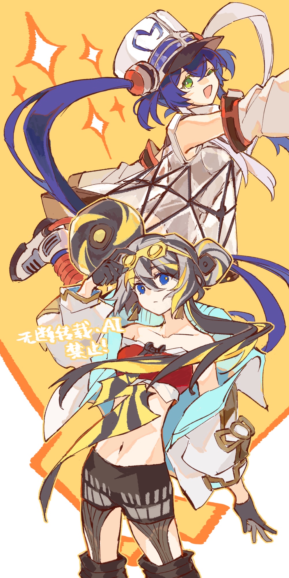 2girls, bare_shoulders, black_gloves, blue_eyes, blue_hair, breasts, commentary, detached_sleeves