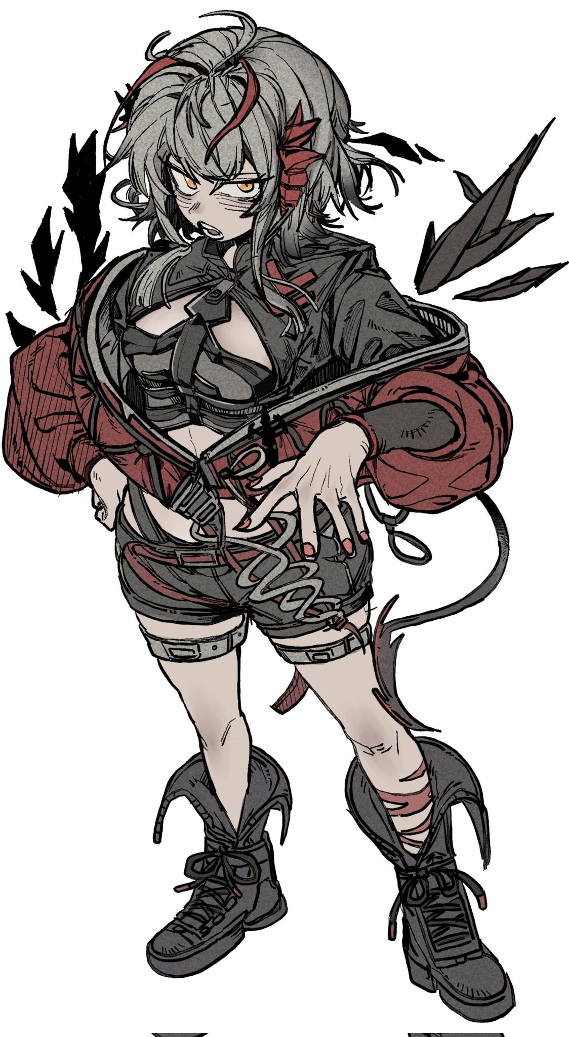 1girl, arknights, black_boots, boots, coat, commentary_request, demon_girl, demon_horns
