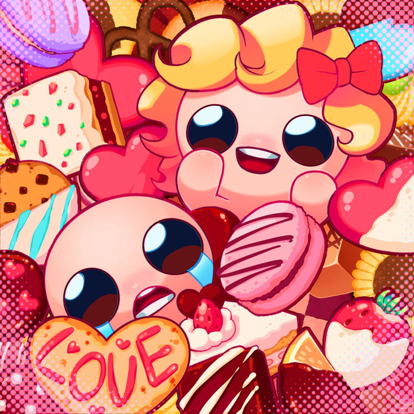 1boy, 1girl, :d, absurdres, bald, black_eyes, blonde_hair, bow, cake, cake_slice, camel, candy, checkerboard_cookie, chocolate, chocolate-covered_food, chocolate_chip_cookie, chocolate_icing, chocolate_pretzel, cookie, crying, english_commentary, flower, food, fruit, hair_bow, halftone, happy, heart, heart-shaped_chocolate, heart-shaped_food, highres, icing, isaac_(the_binding_of_isaac), macaron, maggy_(the_binding_of_isaac), no_nose, official_art, open_mouth, orange_(fruit), orange_slice, pretzel, red_bow, sad, second-party_source, short_hair, smile, strawberry, strawberry_icing, strawberry_shortcake, streaming_tears, sunflower, sweets, tears, teeth, the_binding_of_isaac, thumbprint_cookie, tongue, toon_(style), upper_teeth_only, valentine, vanilla, vanilla_icing
