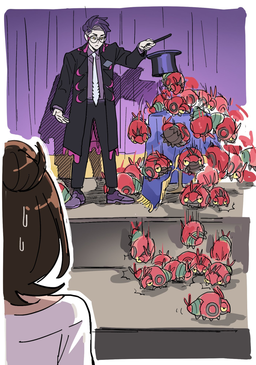 1boy, 1girl, black_coat, black_pants, black_socks, coat, corbeau_(pokemon), harmony_(pokemon)