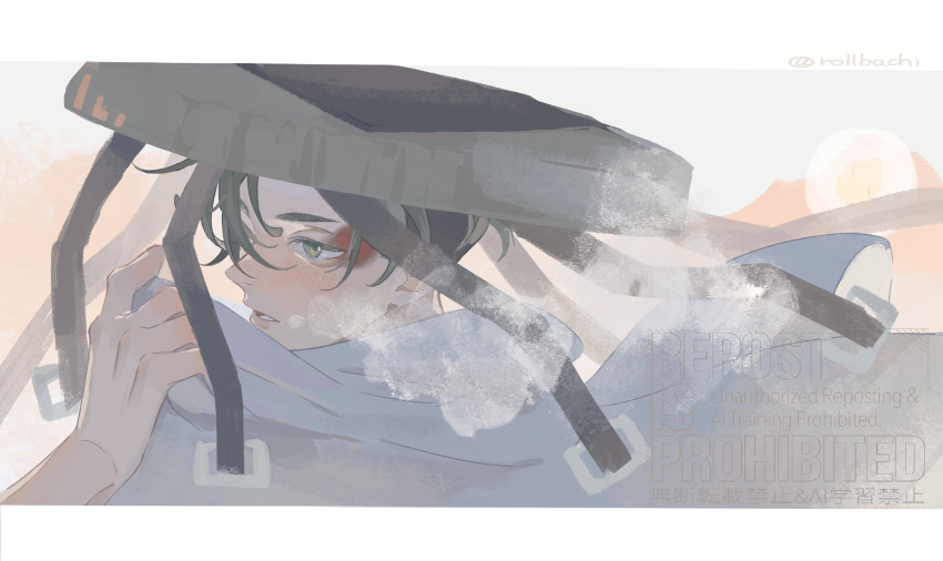 1boy, cloak, collared_cloak, commentary_request, eyeshadow, green_eyes, green_hair, hat, hat_tassel, highres, kagurabachi, makeup, male_focus, red_eyeshadow, rollbachi, short_hair, solo, uruha_youji