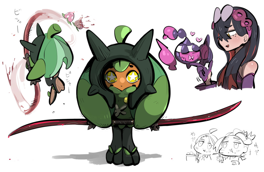 +_+, 1boy, 2girls, bendy_straw, carmine_(pokemon), carmine_(sygna_suit)_(pokemon), cutting, drinking_straw