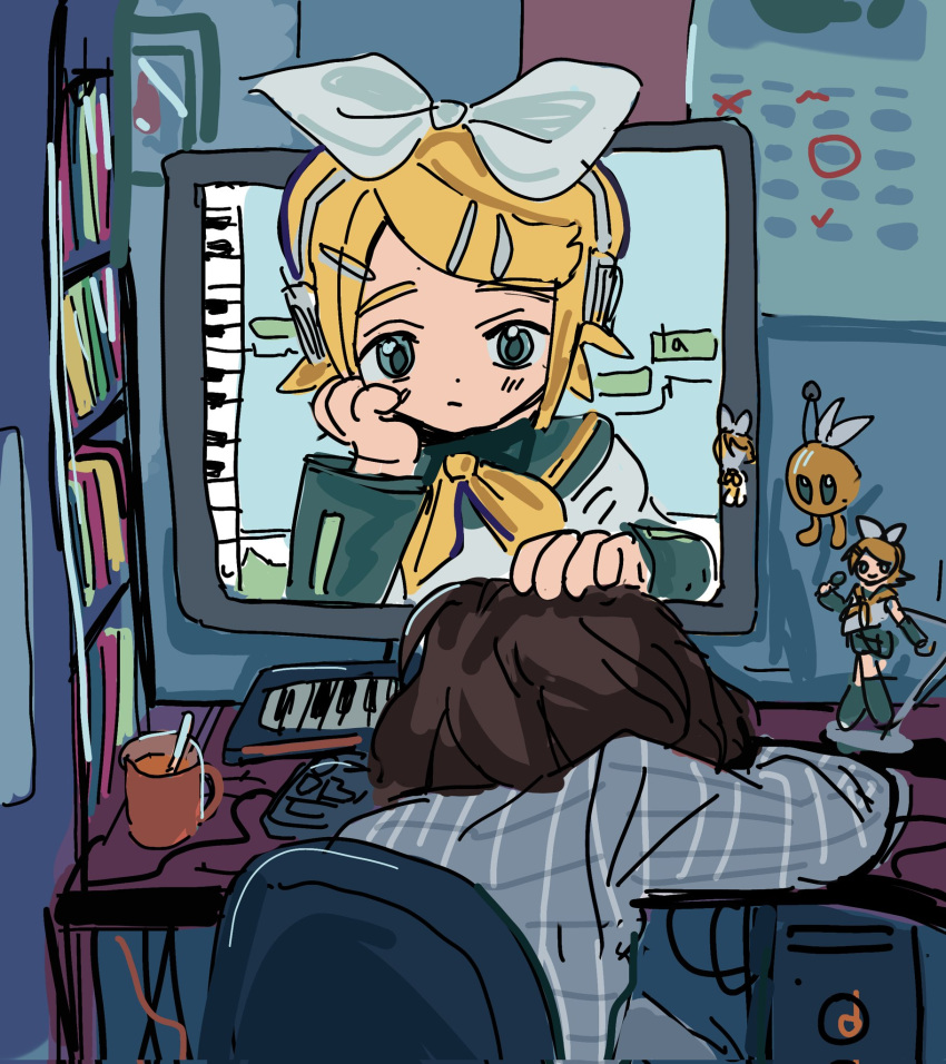 1girl, 1other, blonde_hair, bob_cut, bow, calendar_(object), computer, hair_bow, highres, kagamine_rin, kamuta0, master_(vocaloid), midi_keyboard, monitor, pleated_shirt, sleeping, vocaloid, white_bow