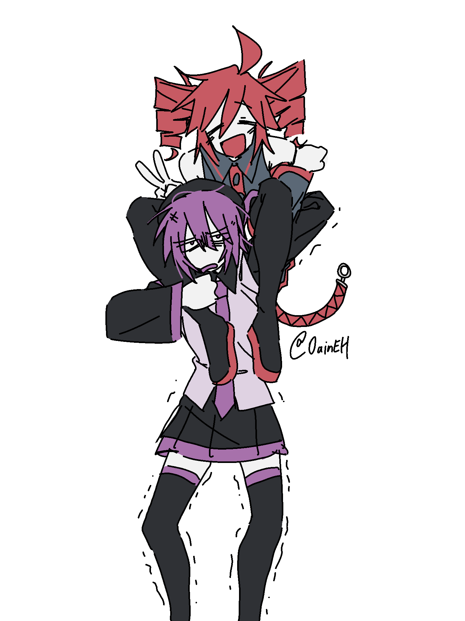 2girls, beret, black_thighhighs, carrying, carrying_person, detached_sleeves, drill_hair, exhausted, happy, hat, highres, hn_oaineh, kasane_teto, kasane_teto_(utau), multiple_girls, necktie, piggyback, purple_hair, purple_necktie, smile, thigh-highs, trembling_legs, twin_drills, utane_uta, utau, violet_eyes, wide_sleeves