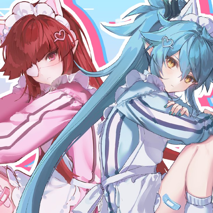 2boys, alternate_costume, androgynous, animal_ears, apron, bandaid_on_thigh, blue_background, blue_hair, blue_jacket, blunt_bangs, blunt_ends, cat_ears, commentary, crossed_bandaids, denif_(elsword), dr2799, dragon_boy, dragon_horns, drop_shadow, elsword, eyepatch, fake_animal_ears, frilled_apron, frills, hair_between_eyes, hair_ornament, hairclip, heart, heart_hair_ornament, horns, jacket, jersey_maid, long_hair, long_sleeves, looking_at_viewer, maid, maid_headdress, male_focus, multiple_boys, outline, pink_jacket, pointy_ears, red_eyes, red_hair, rosso_(elsword), simple_background, sitting, slit_pupils, symbol-only_commentary, trap, unconventional_maid, very_long_hair, white_apron, white_outline, yellow_eyes