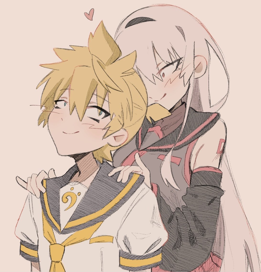1boy, 1girl, absurdly_long_hair, blonde_hair, breasts, cami_arriaga_c, detached_sleeves, heart