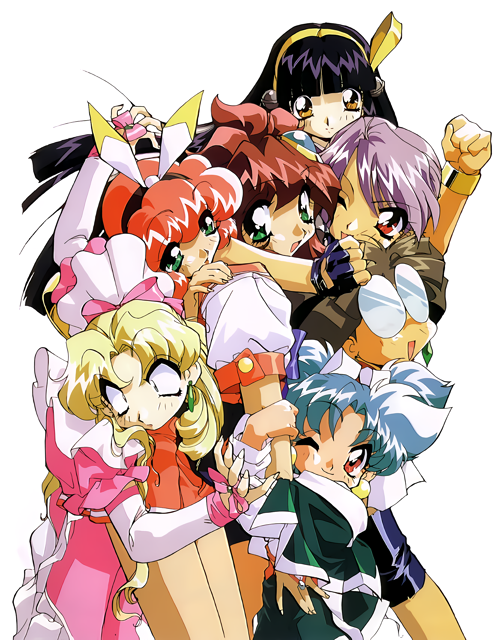 1990s_(style), 6+girls, aqua_eyes, arm_hug, arm_up, black_gloves, black_hair, blonde_hair