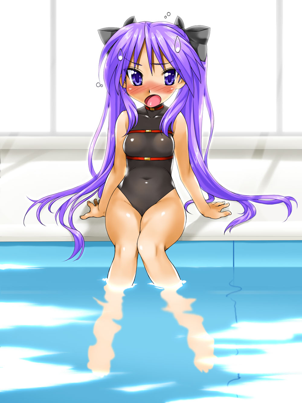 barefoot, blue_eyes, blush, cosplay, fate_testarossa, fate_testarossa_(cosplay), feet_in_water, highres