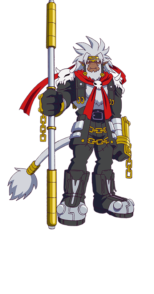 1boy, beard, black_boots, black_pants, black_vest, body_fur, boots, dark-skinned_male, dark_skin, digimon, digimon_beatbreak, facial_hair, full_body, gokuwmon, grey_hair, monkey_boy, no_shirt, official_art, pants, pointy_ears, ruyi_jingu_bang, shoulder_pads, simple_background, solo, standing, transparent_background, vest, white_fur