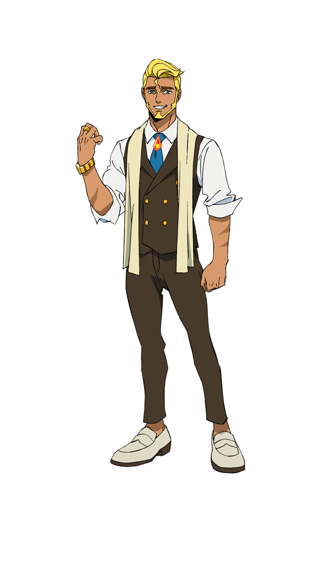 1boy, beard, blonde_hair, blue_eyes, blue_necktie, brown_pants, brown_vest, dark-skinned_male, dark_skin, digimon, digimon_beatbreak, facial_hair, full_body, gem, klay_arslan, male_focus, necktie, official_art, orange_gem, pants, shirt, simple_background, smirk, solo, transparent_background, vest, white_shirt