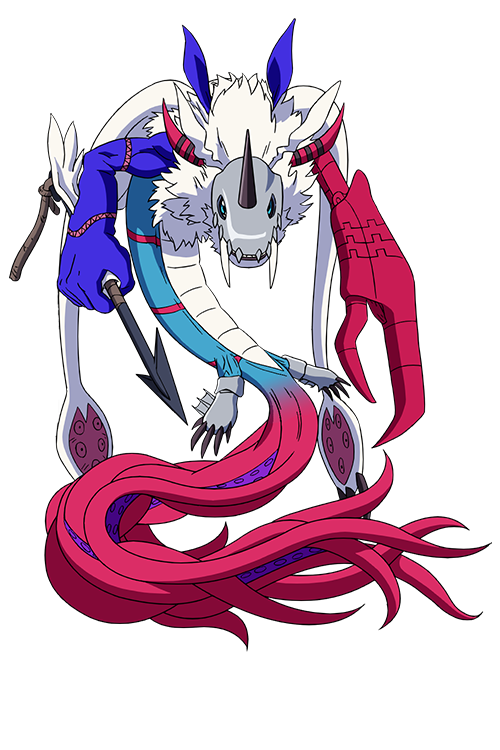 digimon, digimon_(creature), digimon_beatbreak, full_body, harpoon, horns, marinchimairamon, official_art, sea_serpent, simple_background, single_horn, solo, transparent_background, white_hair
