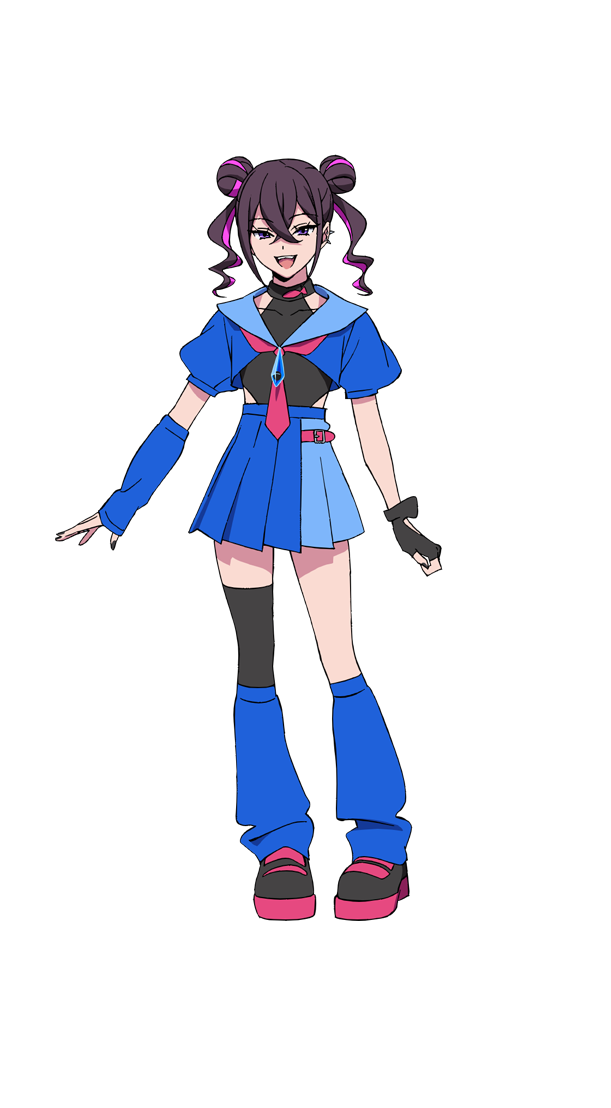 1girl, black_gloves, black_hair, black_leotard, black_thighhighs, blue_gem, blue_leg_warmers, blue_skirt, blue_vest, digimon, digimon_beatbreak, double_bun, fingerless_gloves, full_body, gem, gloves, hair_bun, leg_warmers, leotard, multicolored_hair, official_art, open_mouth, pleated_skirt, purple_hair, sakai_honoka, simple_background, single_glove, single_thighhigh, skirt, smile, solo, thigh-highs, transparent_background, twintails, two-tone_hair, vest, violet_eyes