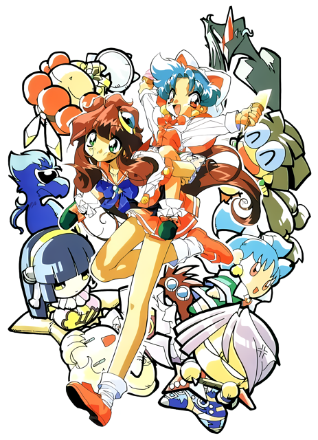 1990s_(style), anger_vein, arms_up, black_hair, blue_hair, brown_eyes, carrying, chibi