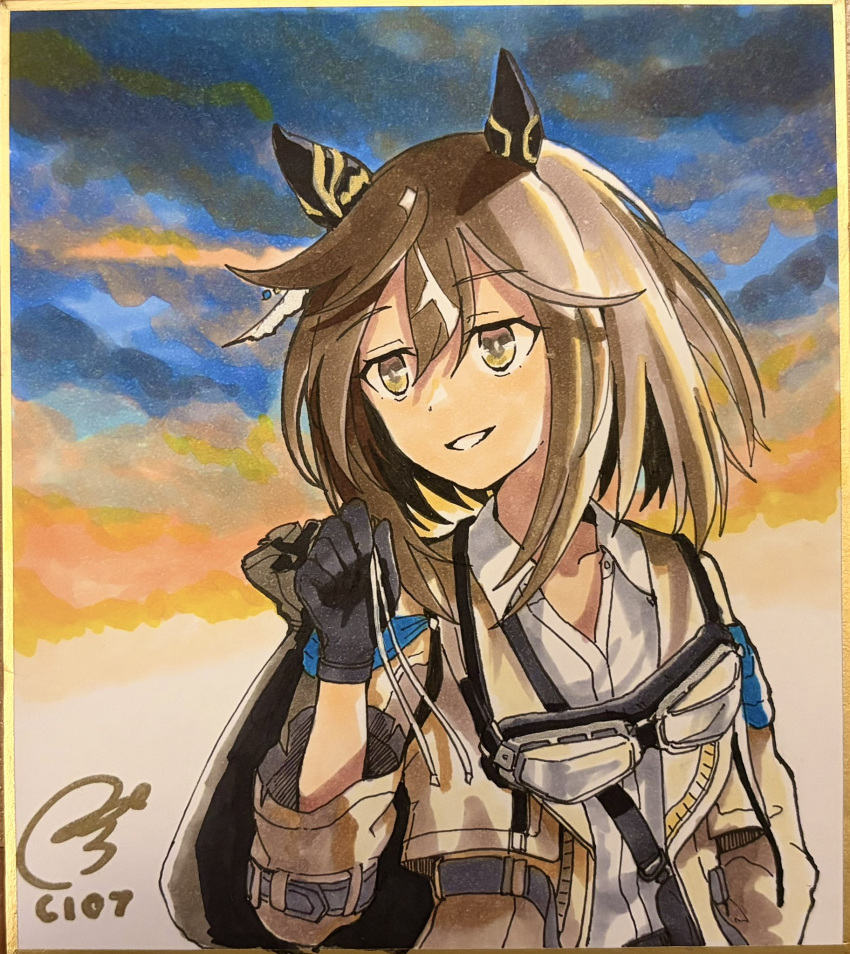 1girl, animal_ears, breasts, brown_coat, brown_eyes, brown_hair, coat, collared_shirt