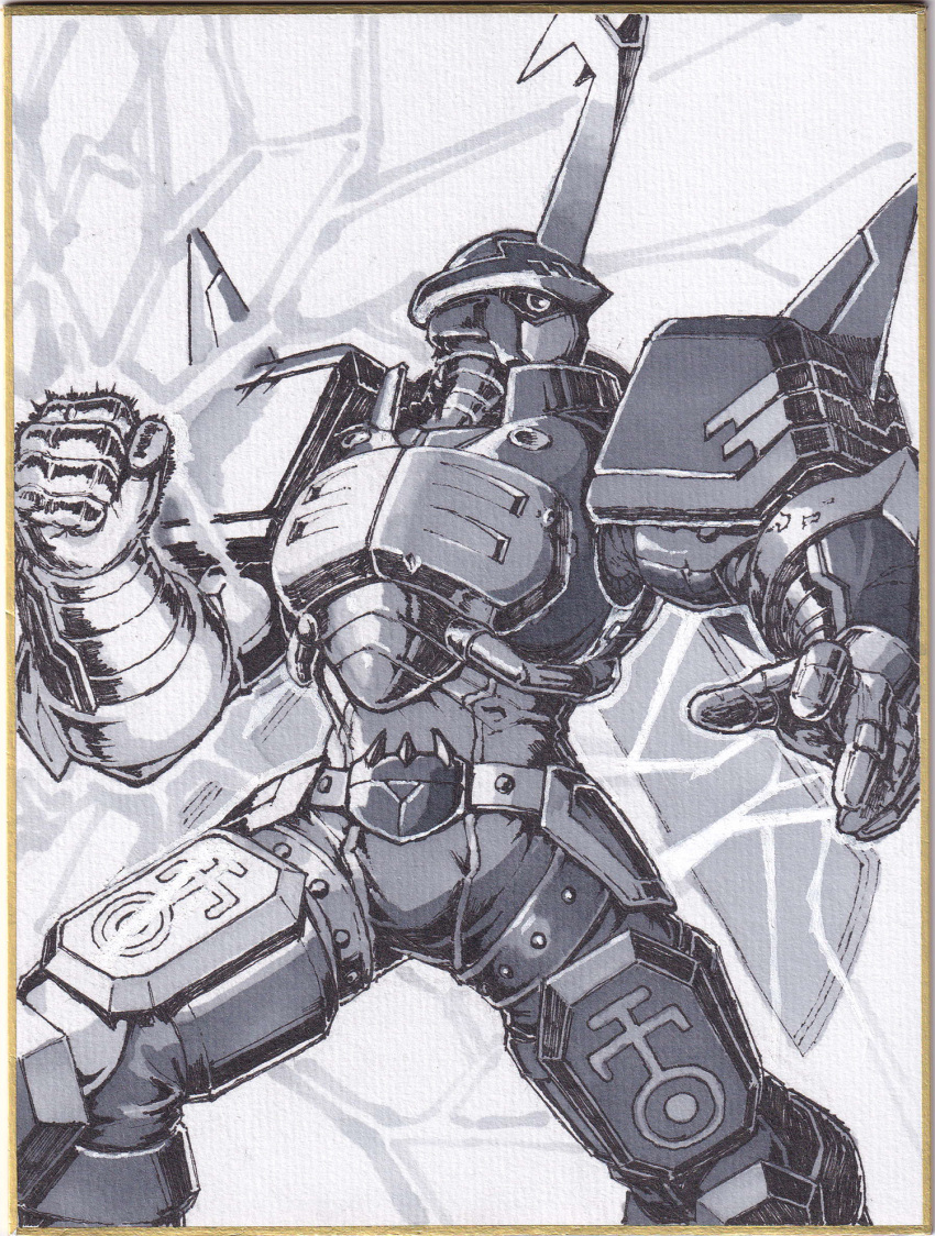 1boy, armor, blitzmon, cowboy_shot, digimon, digimon_(creature), electricity, gold_border, greyscale, helmet, highres, horns, kennythecat5883, male_focus, monochrome, shikishi, single_horn, solo, traditional_media
