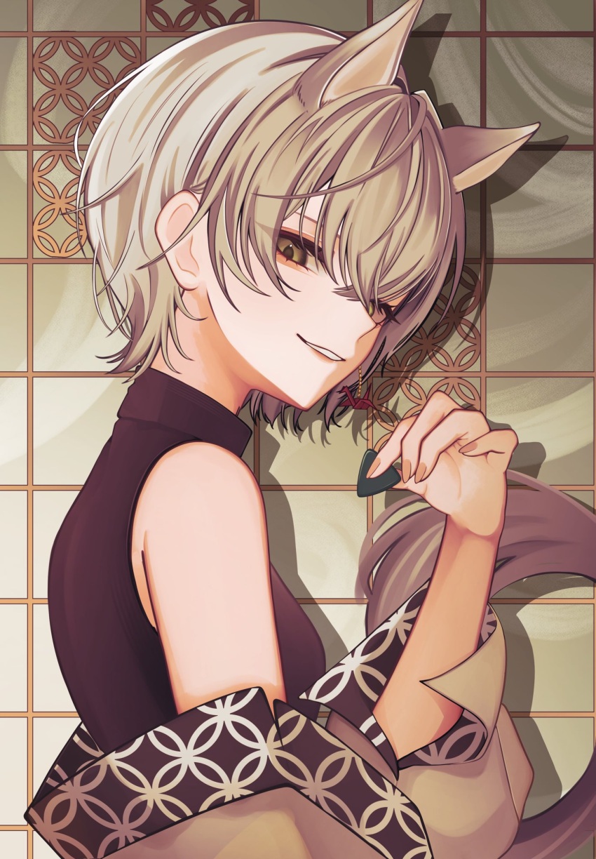 animal_ears, bare_shoulders, berrytrt, black_shirt, earrings, green_eyes, grey_hair, highres