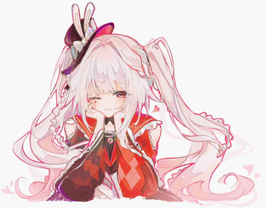 1girl, bell, blush, butterfly-shaped_pupils, clothing_cutout, diamond_on_cheek, hashtag-only_commentary, hat