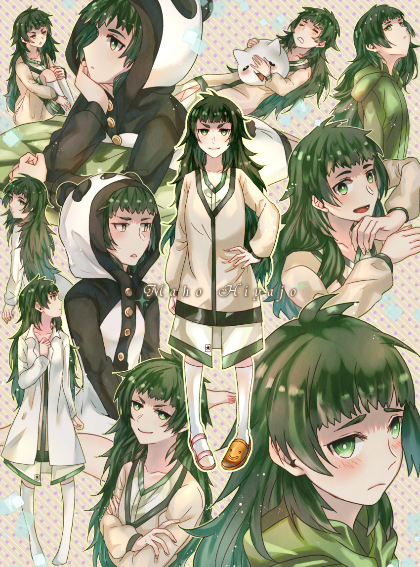 1girl, animal_hood, asymmetrical_footwear, blunt_bangs, blush, breasts, brown_jacket, closed_mouth