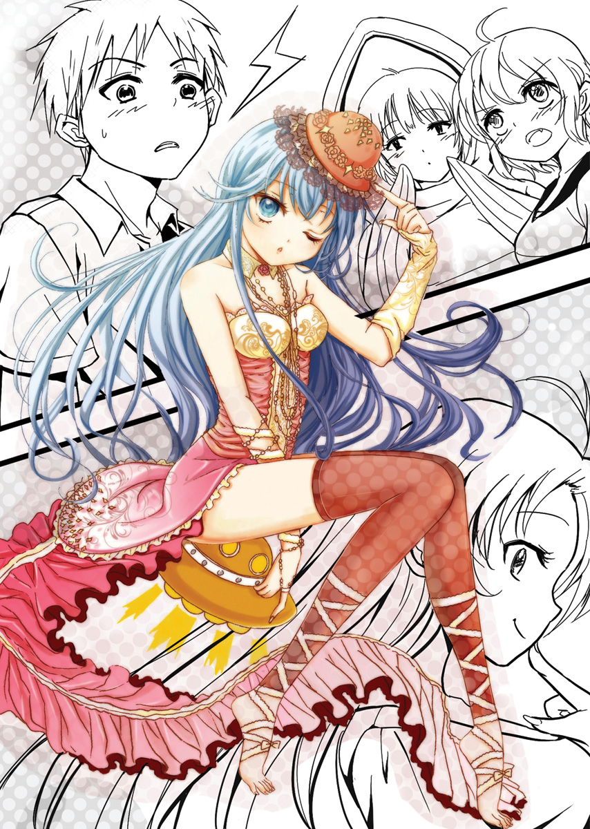 adjusting_hat, bad_id, bare_shoulders, barefoot, blue_eyes, blue_hair, breasts, collar