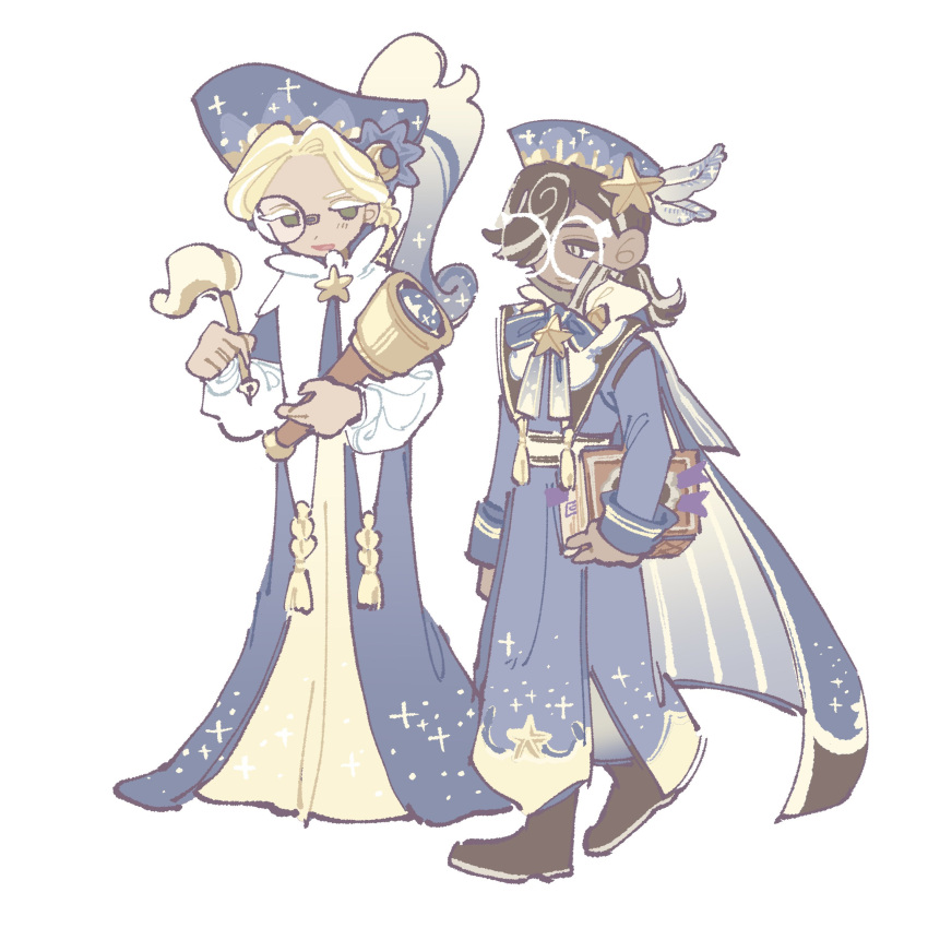 2boys, :d, absurdres, androgynous, arm_at_side, blonde_hair, blue_cloak, blue_coat