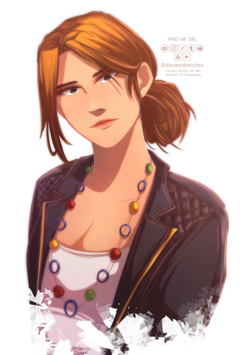 1girl, artist_name, artstation_logo, black_jacket, brown_eyes, brown_hair, danieesketches, english_text, highres, instagram_logo, jacket, jewelry, juliet_watson, life_is_strange_(series), looking_at_viewer, necklace, open_clothes, open_jacket, reddit_logo, short_sleeves, simple_background, solo, tumblr_logo, twitter_x_logo, upper_body, white_background
