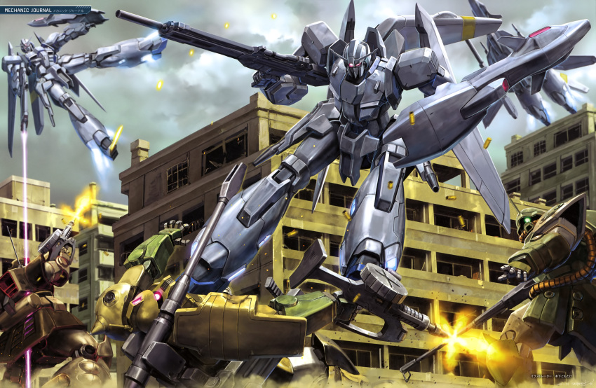 absurdres, alternate_form, battle, beam_rifle, building, cable, cannon, cityscape, clouds, cloudy_sky, damaged, destruction, dwadge_custom, earth_federation, efreet_(mobile_suit), efreet_custom, energy_beam, energy_gun, firing, flying, gun, gundam, gundam_perfect_file, gundam_sentinel, gundam_unicorn, highres, kinoshita_tomotake, machine_gun, machinery, magazine_scan, mecha, mecha_focus, mobile_suit, muzzle_flash, neo_zeon, no_humans, off_shoulder, official_art, one-eyed, painting_(medium), radio_antenna, realistic, robot, scan, science_fiction, shield, sky, thrusters, traditional_media, v-fin, wave_rider, weapon, window, zaku_cannon, zaku_ii, zeta_plus