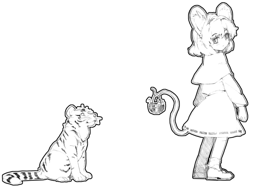basket, from_behind, gianoa, highres, monochrome, mouse, mouse_ears, mouse_tail