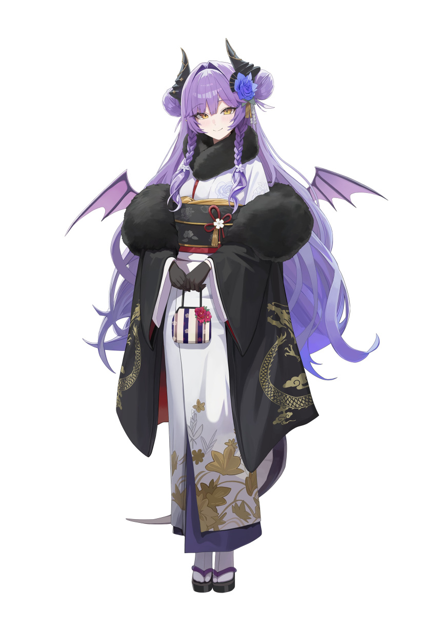 1girl, absurdres, bag, black_shoes, braid, commentary, demon_girl, demon_horns