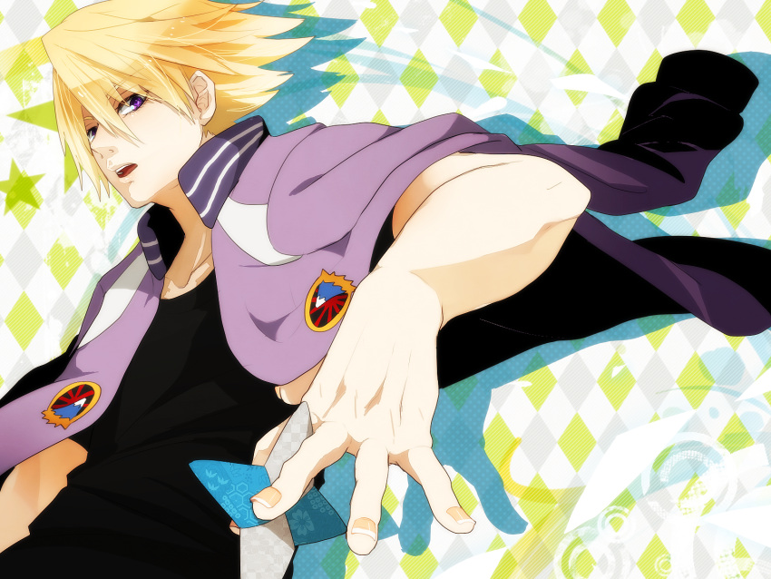blonde_hair, face, foreshortening, hands, highres, ivan_karelin, jacket, letterman_jacket