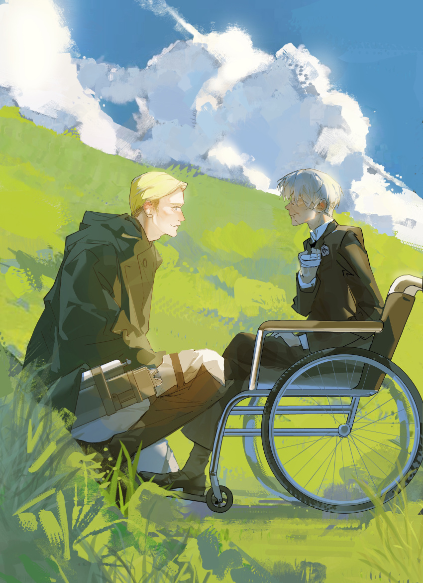 2boys, absurdres, bandaged_hand, bandages, black_shoes, blonde_hair, blue_sky, boots