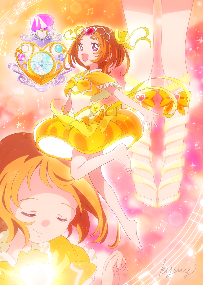 1girl, artist_name, barefoot, beamed_eighth_notes, bow, brooch, bubble_skirt, capelet