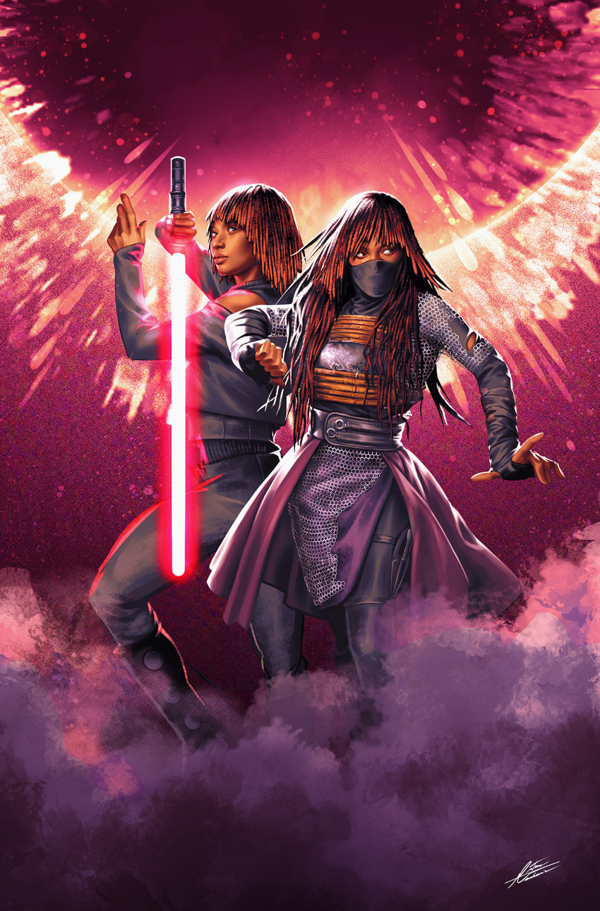 2girls, black_mask, dark-skinned_female, dark_skin, dreadlocks, energy_sword, highres, holding