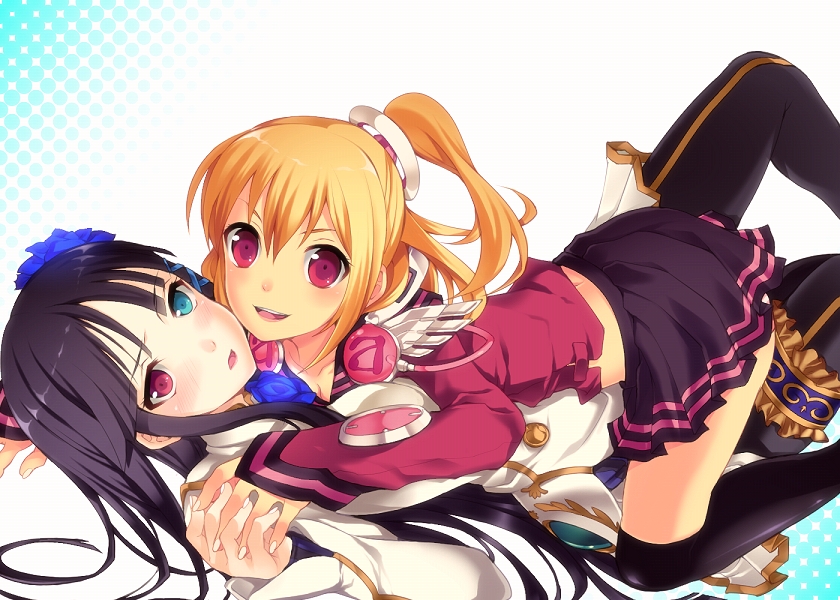black_hair, black_legwear, blonde_hair, emilia_percival, enoo, flower, green_eyes, hair_flower