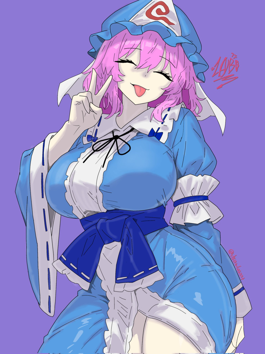 1girl, black_bow, black_ribbon, blue_hat, blue_kimono, bow, breasts, closed_eyes