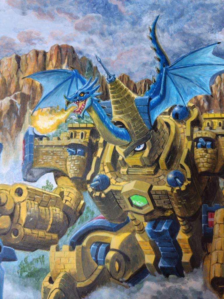 blue_eyes, breath_weapon, breathing_fire, cannon, castle, clouds, cloudy_sky, commentary_request, dragon, dragon_castle, fire, mecha, mecha_focus, mizutani_kenta, no_humans, open_mouth, outdoors, red_eyes, robot, rpg_densetsu_hepoi, shield, shoulder_cannon, sky, standing
