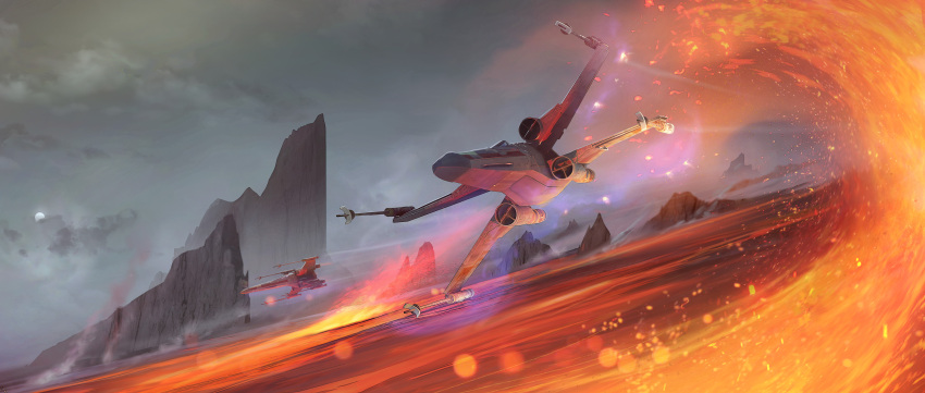 absurdres, clint_young, grey_sky, highres, lava, no_humans, outdoors, sky, star_wars, vehicle_focus, x-wing