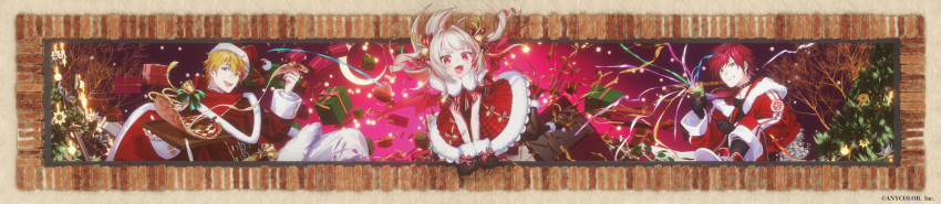 1girl, 2boys, absurdres, antlers, bell, black_gloves, black_pantyhose, blonde_hair