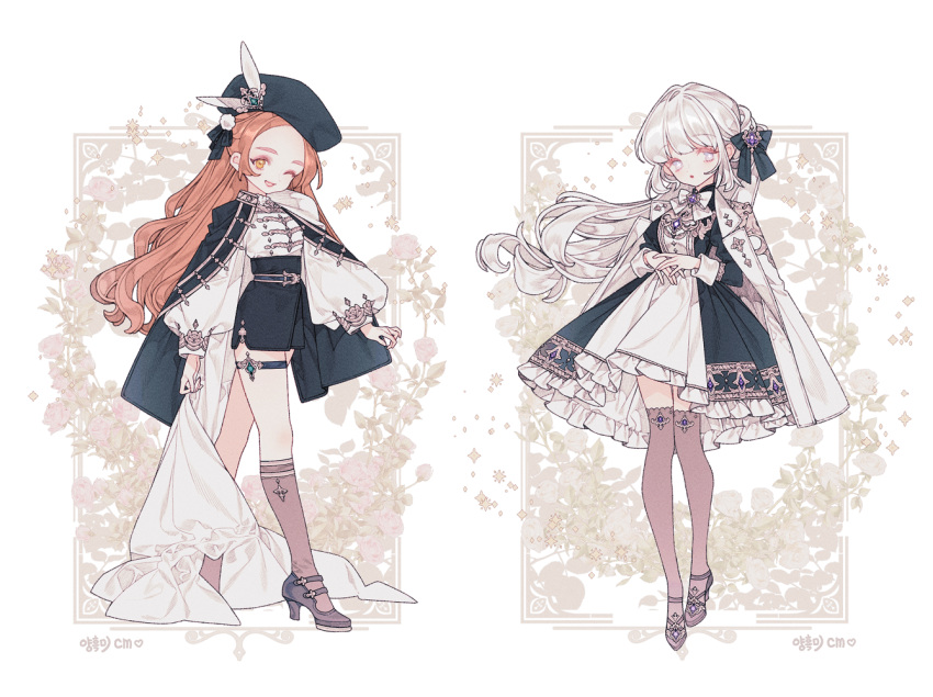 2girls, artist_name, belt, black_dress, black_hat, border, bow, cape