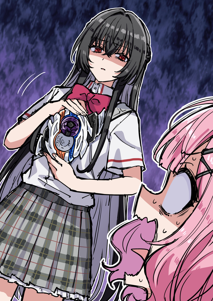 2girls, absurdres, amaori_renako, ashigaya_high_school_uniform, black_hair, bow, bowtie, capsems, dutch_angle, hair_between_eyes, hair_ornament, henshin_pose, highres, holding, jitome, kamen_rider, kamen_rider_zeztz_(series), koto_satsuki, multiple_girls, nox_driver, open_mouth, parted_lips, pink_hair, pleated_skirt, red_bow, red_bowtie, red_eyes, rider_belt, rolling_eyes, school_uniform, shirt, short_sleeves, skirt, somechime_(sometime1209), surprised, sweatdrop, tongue, tongue_out, watashi_ga_koibito_ni_nareru_wake_naijan_murimuri!, wavy_mouth, white_shirt