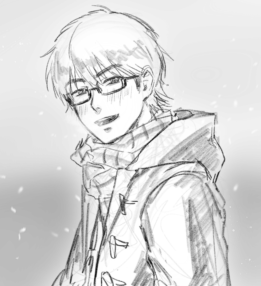 1boy, 2vxzlkj23ogfsf, ace_of_diamond, black-framed_eyewear, blush, coat, commentary_request, duffel_coat