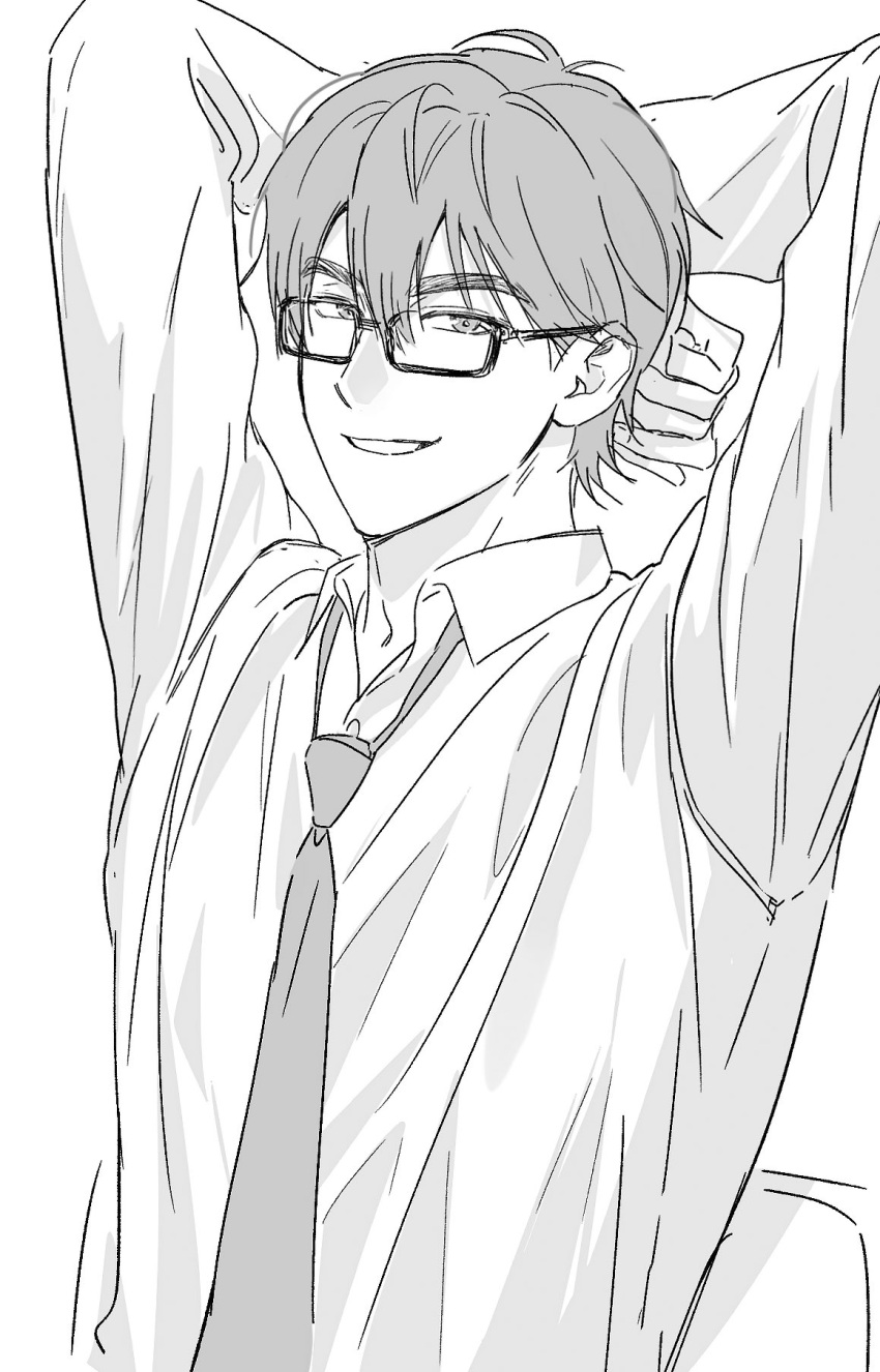 1boy, 2vxzlkj23ogfsf, ace_of_diamond, arms_up, collared_shirt, glasses, hair_between_eyes, highres