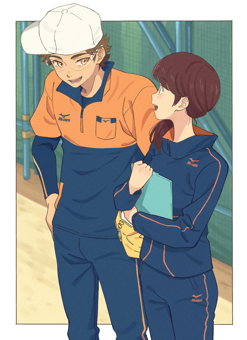 1boy, 1girl, ace_of_diamond, baseball_mitt, brown_eyes, brown_hair, clipboard, commentary_request