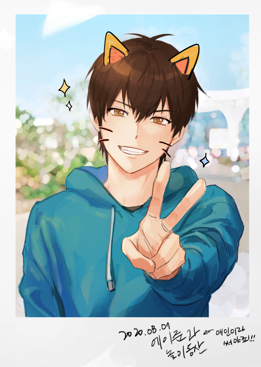 1boy, 2vxzlkj23ogfsf, ace_of_diamond, blue_hoodie, blurry, blurry_background, brown_eyes, brown_hair