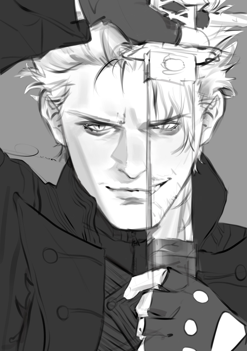 2boys, absurdres, black_gloves, blue_coat, blue_eyes, closed_mouth, coat, dante_(devil_may_cry)