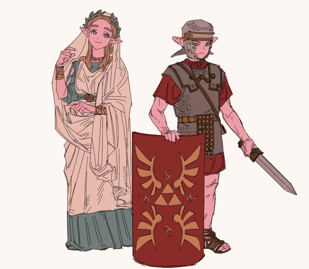 1boy, 1girl, armor, bangle, bracelet, chainmail, commentary, english_commentary, frown, gladius, greco-roman_clothes, helmet, jewelry, laurel_crown, legionnaire, link, looking_at_viewer, pointy_ears, princess_zelda, pteruges, rivaeri, roman_clothes, roman_empire, sandals, scutum, shield, smile, sword, the_legend_of_zelda, tunic, weapon