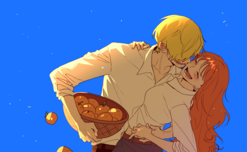 1boy, 1girl, absurdres, blonde_hair, blush, collared_shirt, commentary_request, food
