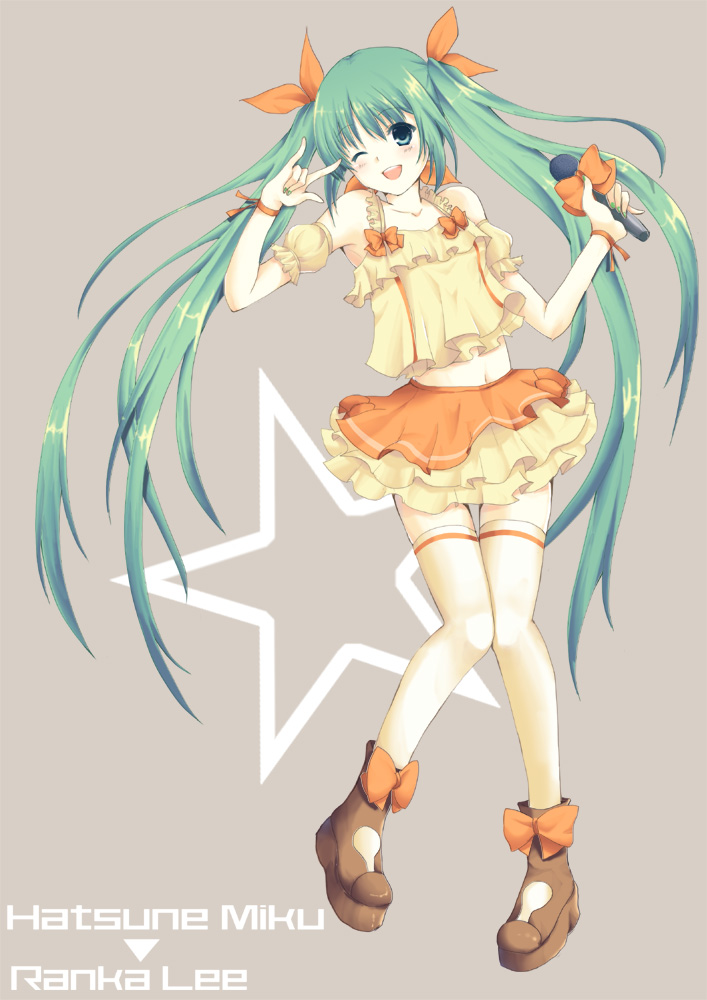 \m/, bad_id, bare_shoulders, cosplay, green_eyes, green_hair, hatsune_miku, long_hair