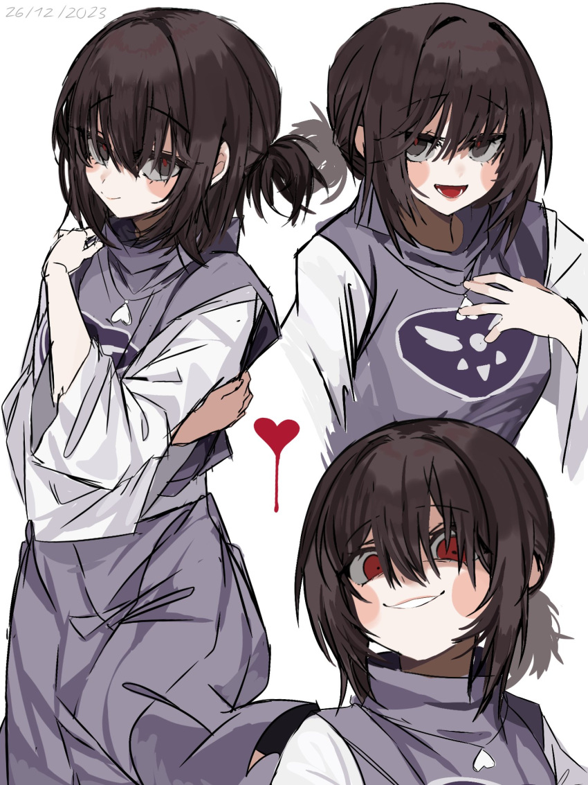 1girl, blush_stickers, brown_eyes, brown_hair, chara_(undertale), choir_outfit_(utdr), collared_dress, commentary